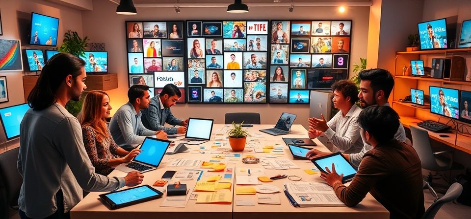 Equipo de marketing digital colaborando en estrategias de contenido para redes sociales