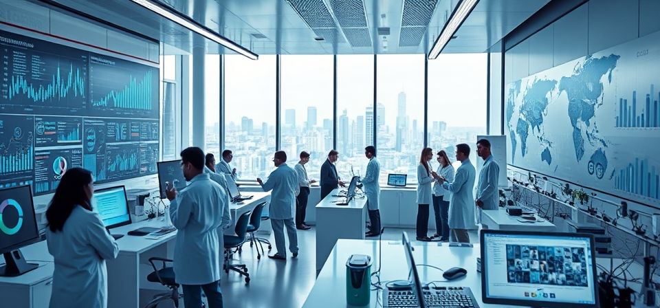 Científico usando inteligencia artificial para analizar datos de investigación en una pantalla de ordenador.