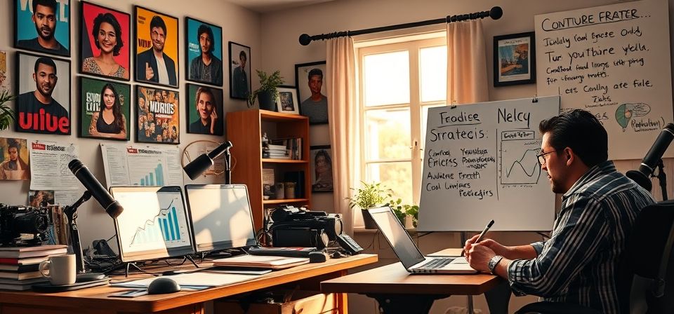 Persona trabajando en su laptop con iconos de monetización de YouTube alrededor.