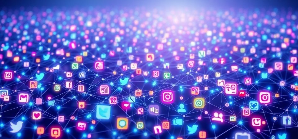 Gráfico de automatización de redes sociales con íconos de plataformas y engranajes.