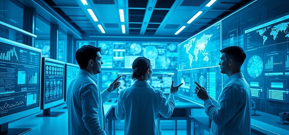 Persona interactuando con una interfaz de inteligencia artificial para la investigación, con iconos de datos y algoritmos