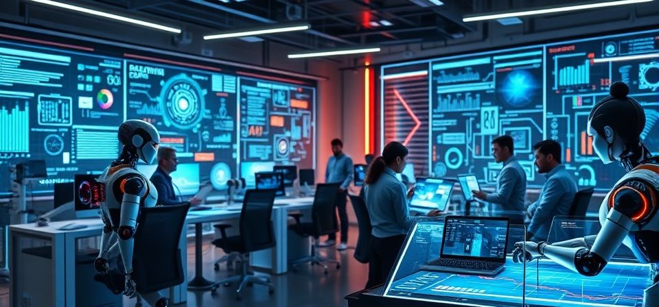 Robot de inteligencia artificial trabajando en una oficina moderna, simbolizando la automatización de tareas.