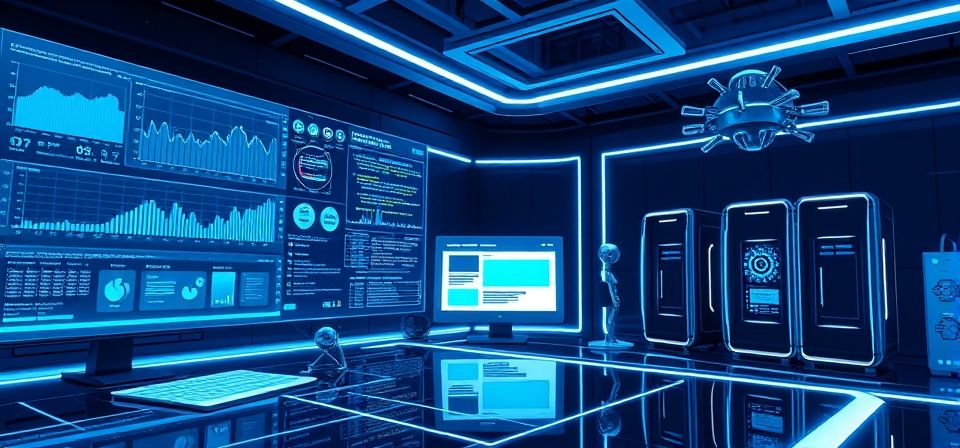 Representación de inteligencia artificial gestionando una página web, con elementos de código y diseño