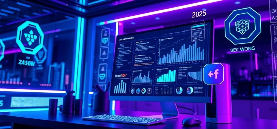 Gráfico de crecimiento SEO en 2025 con flechas ascendentes y un buscador