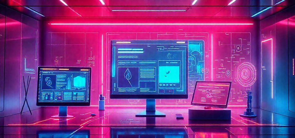 Diseño web futurista con elementos de IA y maquetación adaptable.