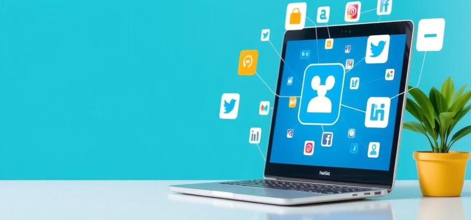 Representación visual de la automatización de redes sociales con íconos de plataformas y engranajes.