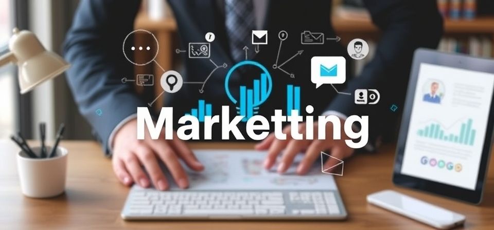Representación visual de la automatización de marketing digital con engranajes y elementos de estrategia.