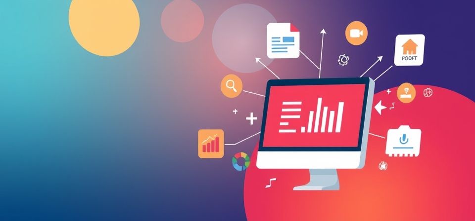 Flujo de trabajo de automatización de marketing digital con iconos de email, redes sociales y análisis.