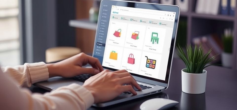 Representación gráfica de un comercio electrónico moderno en 2025, con elementos de inteligencia artificial.