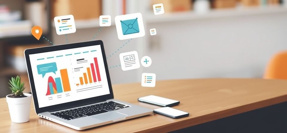 Freelancer trabajando en su estrategia de marketing digital con un portátil y gráficos.